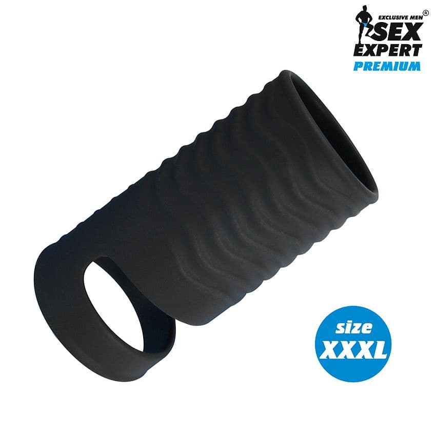 Черная открытая насадка на пенис с кольцом для мошонки XXXL-size - 9,9 см. — фото 1